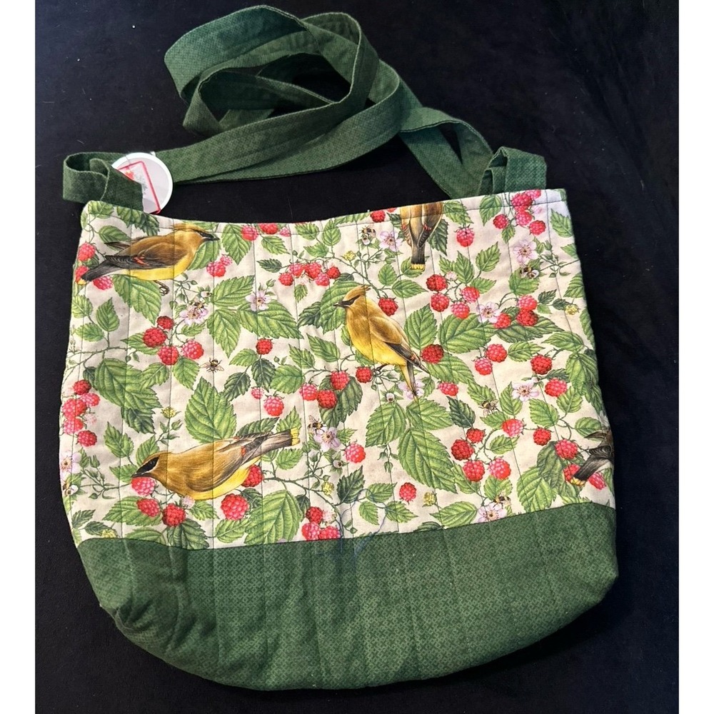 Handmade Quilted Berry Bird Print Tote/Shoulder Bag